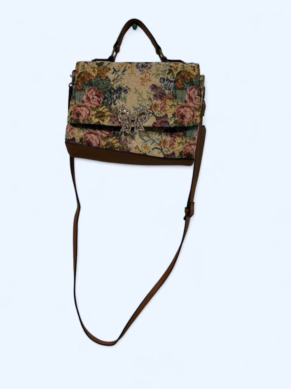 Floral Tapestry Top-Handle Crossbody Bag in Brown